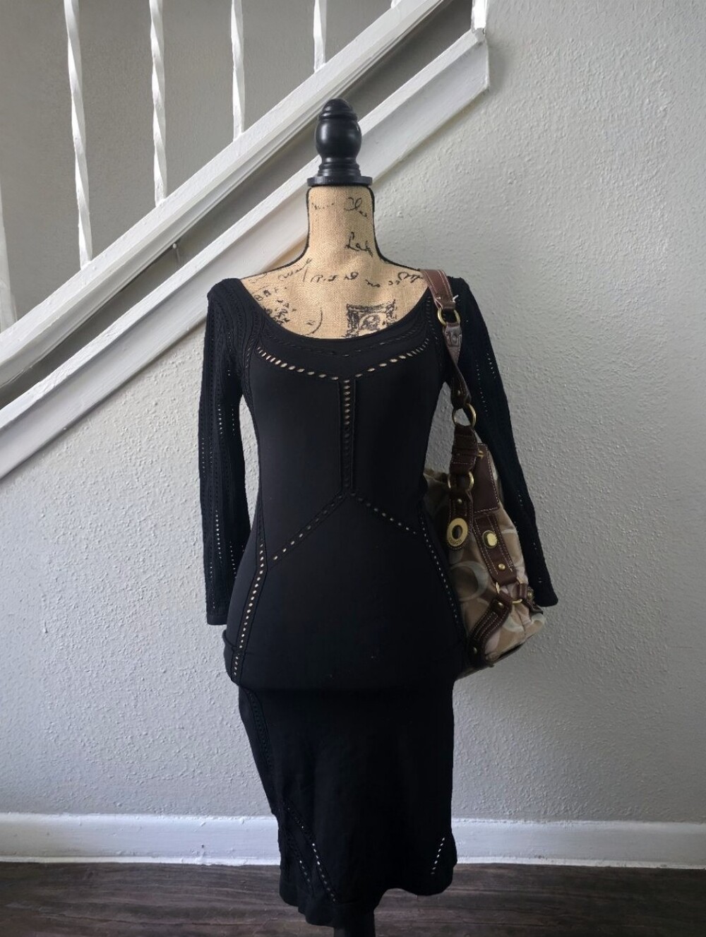 bebe  Y2K Black Distressed Cutout Hole Bodycon Mini Dress M/L